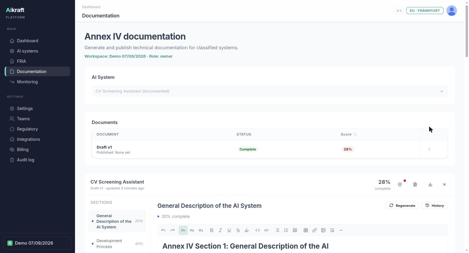 Aikraft Annex IV documentation page showing a generated Draft v1 with status Complete and a 28% completeness score.
