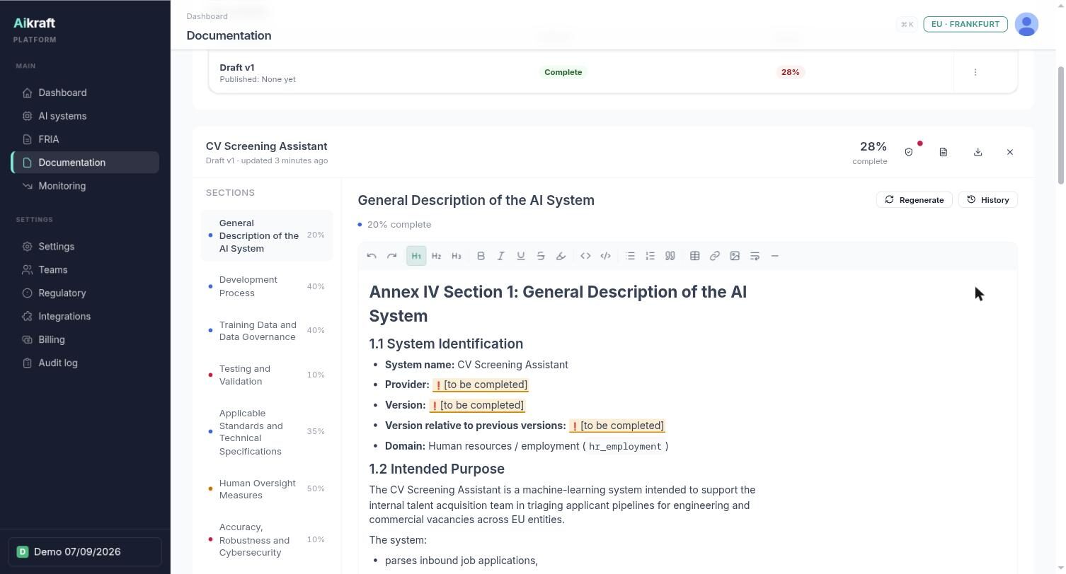 The Annex IV editor in Aikraft showing the eight section navigation with per-section completeness percentages, and Section 1 General Description open in a rich-text editor.