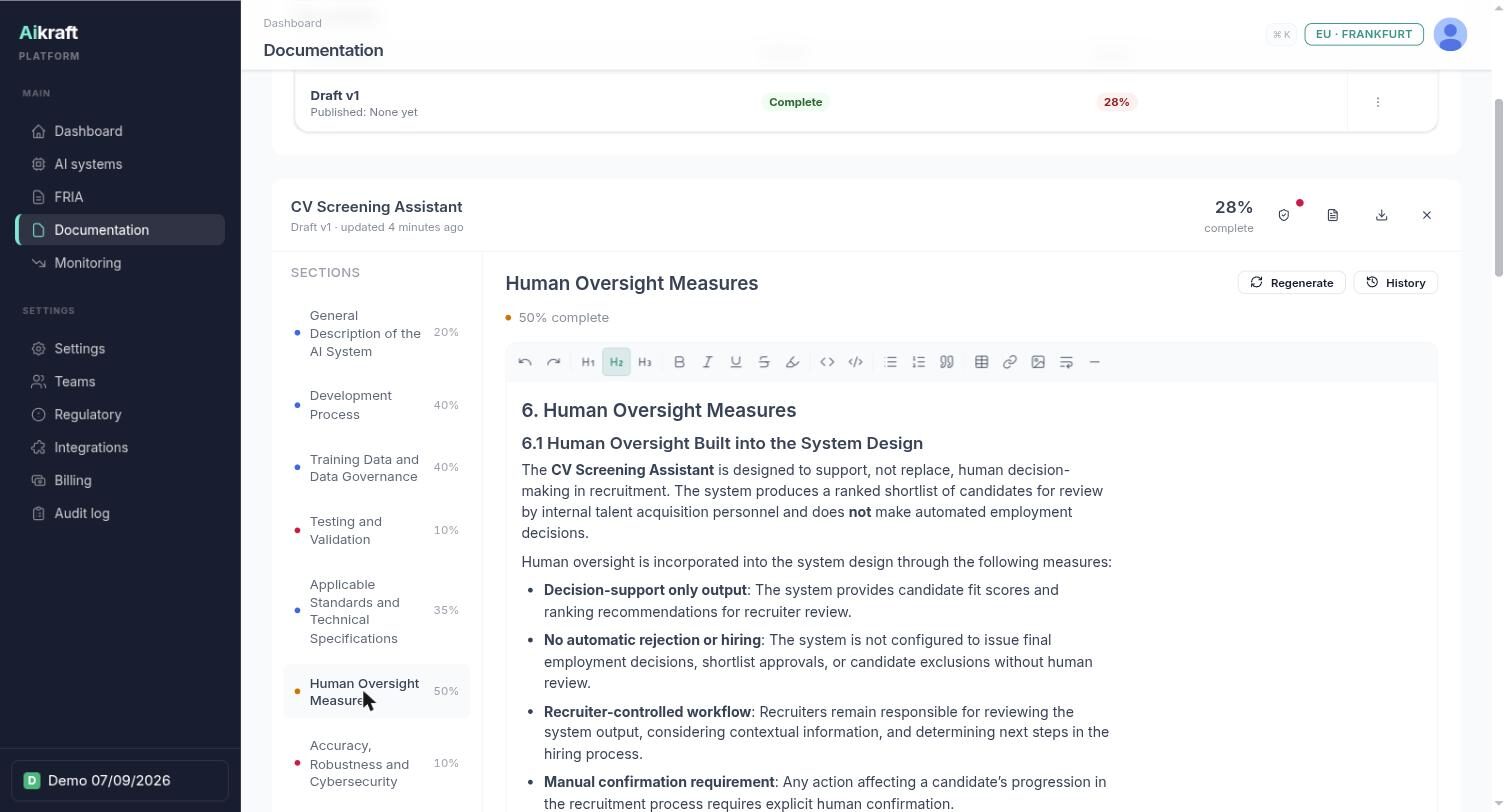 Section 6, Human Oversight Measures, showing generated prose describing decision-support only output, no automatic rejection, recruiter-controlled workflow and manual confirmation requirements.