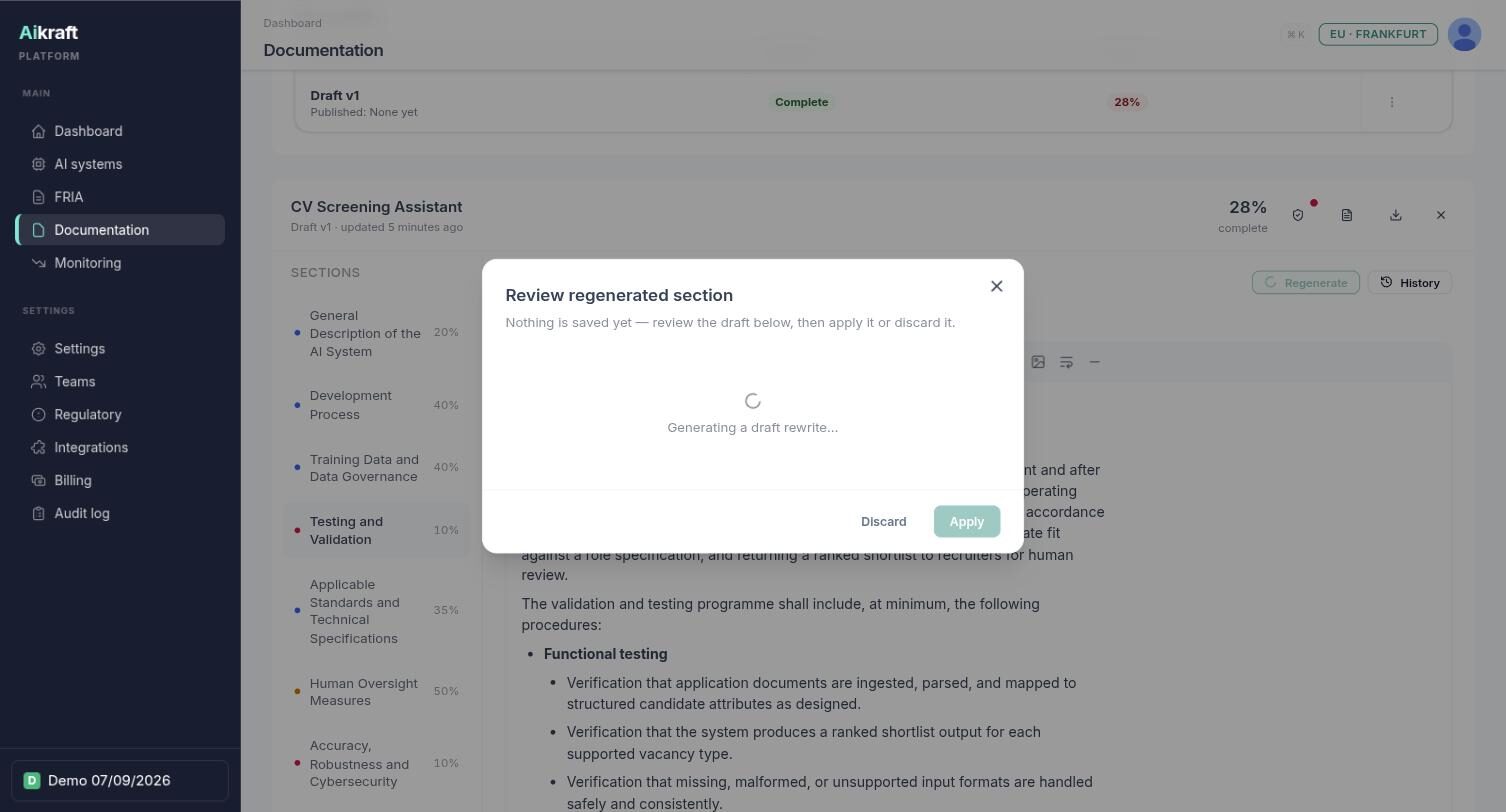 A Review regenerated section dialogue in Aikraft stating that nothing is saved yet, with Discard and Apply buttons.