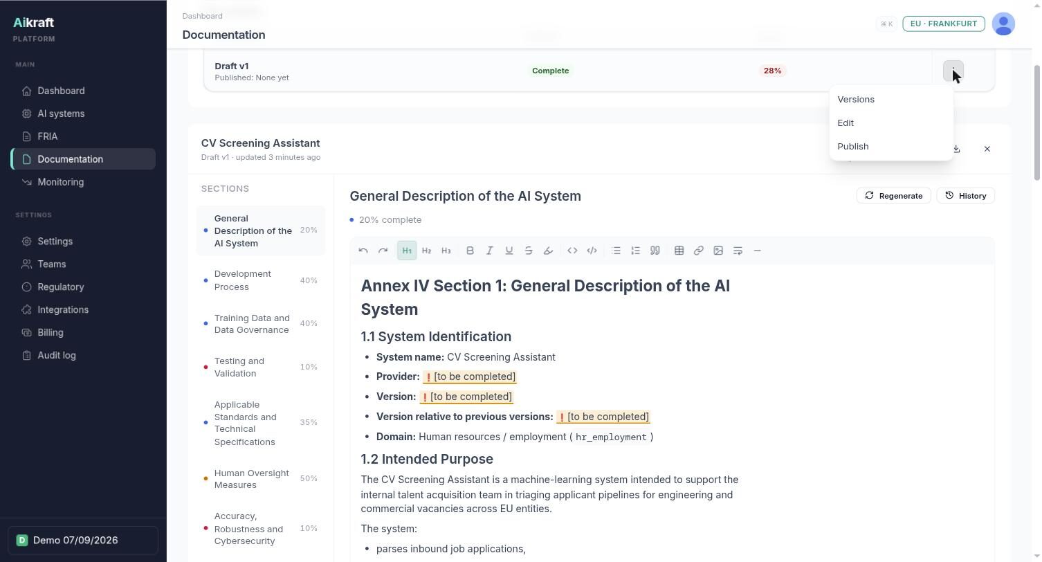 The document row menu in Aikraft offering Versions, Edit and Publish actions for the Annex IV draft.