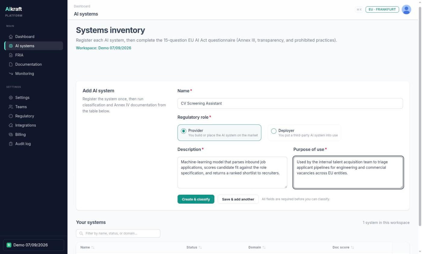 Aikraft systems inventory with the Add AI system form filled in for a CV screening model, showing name, regulatory role, description and purpose of use.