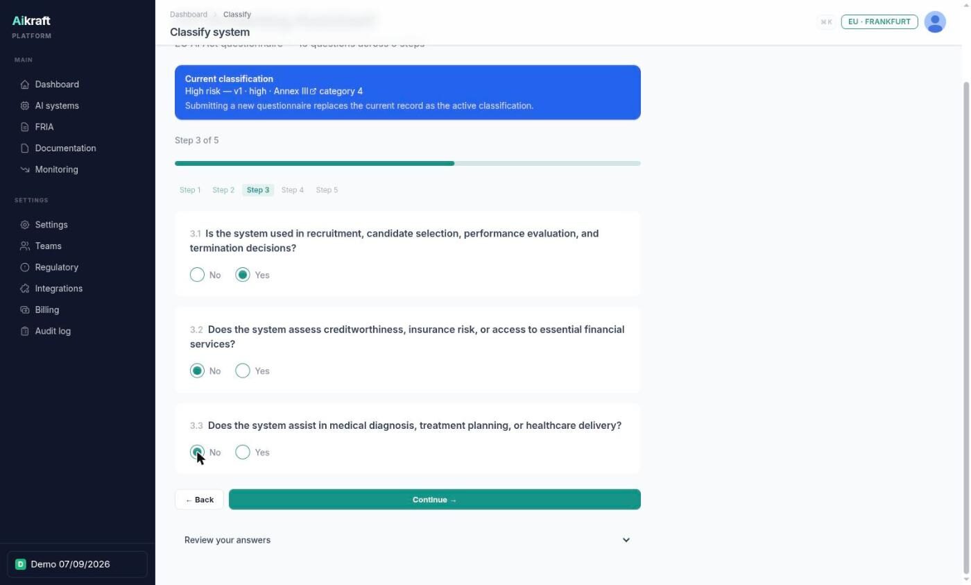 Step 3 of the EU AI Act questionnaire in Aikraft, with the recruitment and candidate selection question answered Yes.
