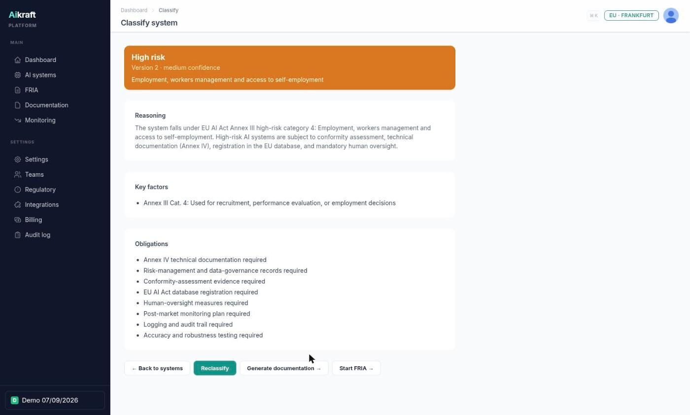 Aikraft classification result showing a high-risk verdict under Annex III category 4, with reasoning, key factor and eight listed obligations.