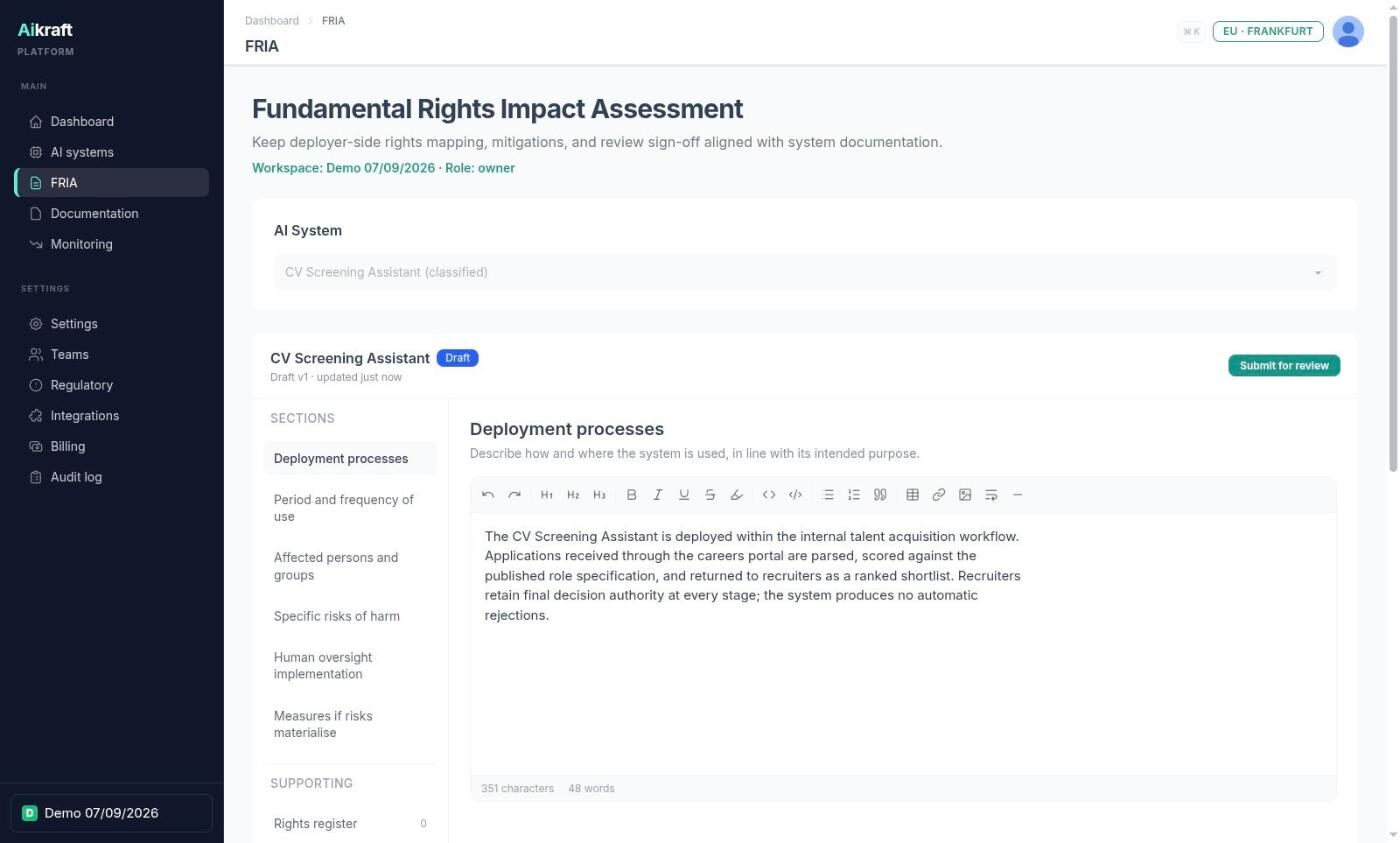 Fundamental Rights Impact Assessment draft in Aikraft, showing six required sections, a rights register and a written deployment description.